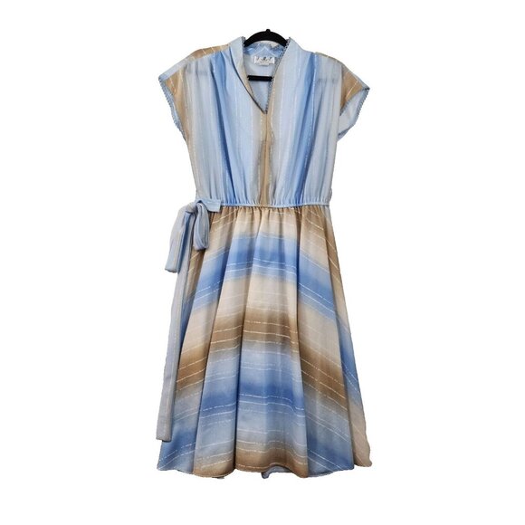 Vintage Dresses & Skirts - Vintage 80s Size 10 Watercolor Blue Tan Striped V-Neck Short Sleeve Midi Dress